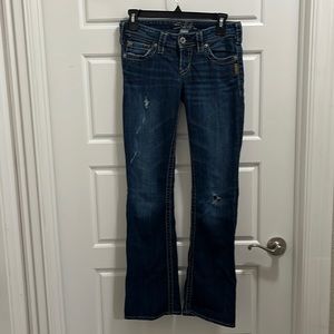 Silver boot cut distressed jeans 26x31